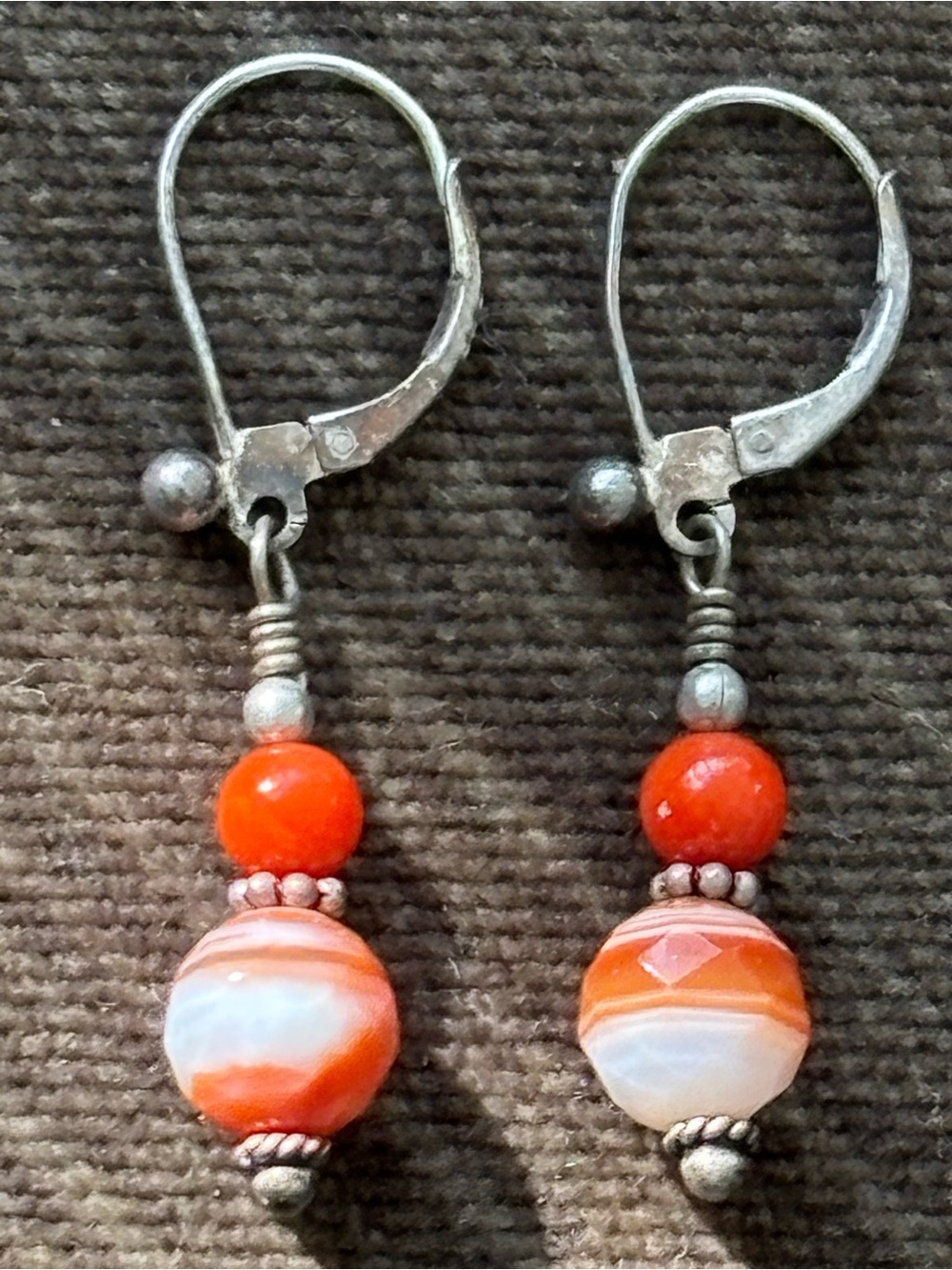 .925 Sterling Silver Orange Bead Drop Earrings Fine Jewelry Carnelian Agate Vntg